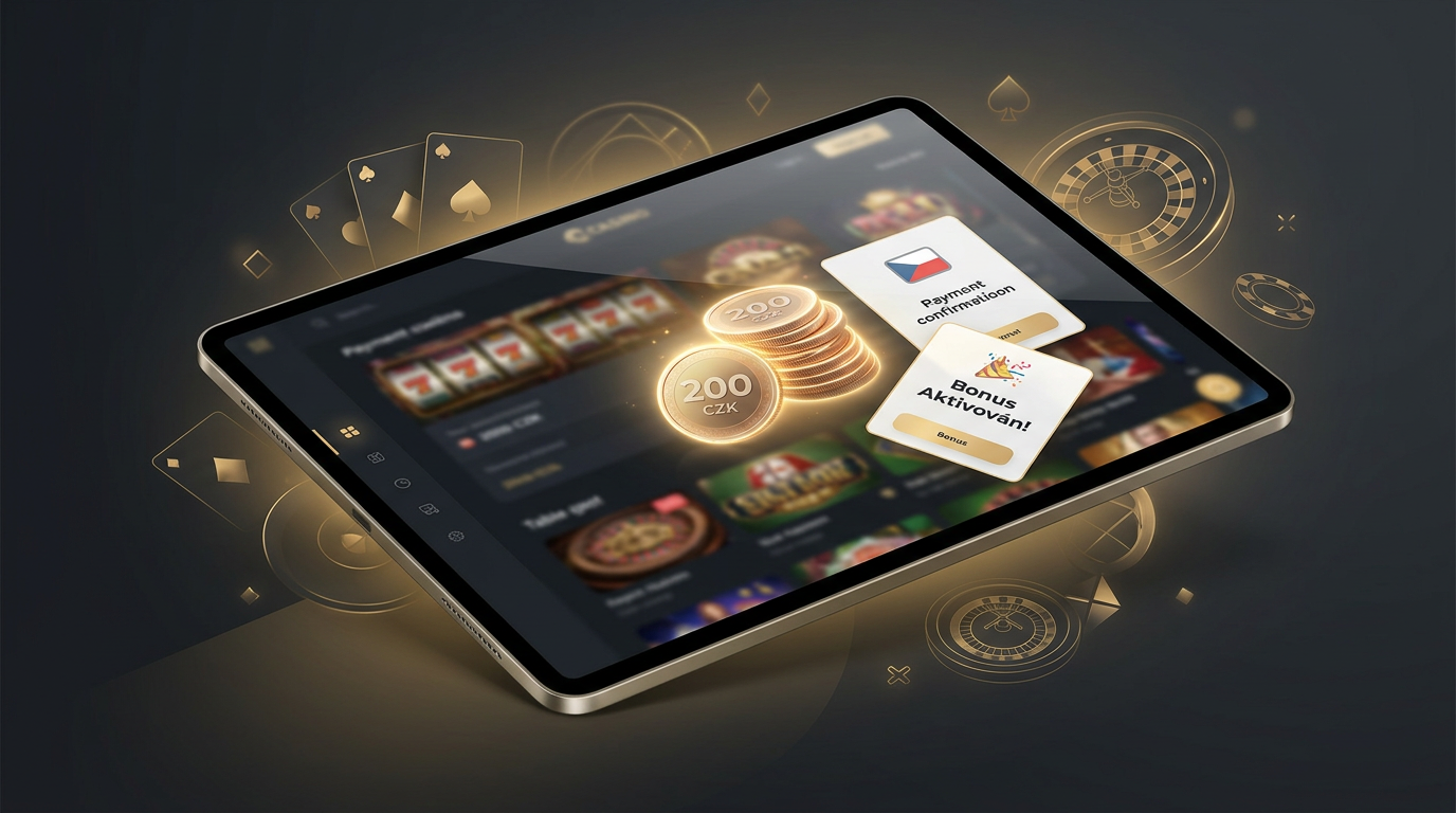 Detailní pohled na digitální casino rozhraní s vkladem 200 Kč a aktivovaným bonusem