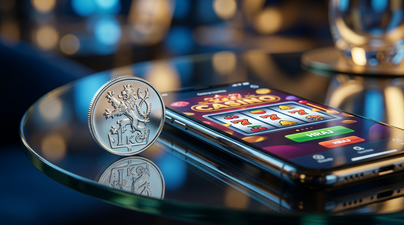 Detail české jednokorunové mince a mobilního telefonu s online casinem
